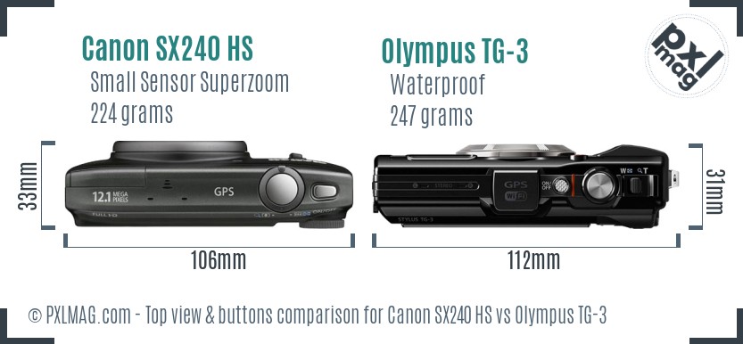Canon SX240 HS vs Olympus TG-3 top view buttons comparison