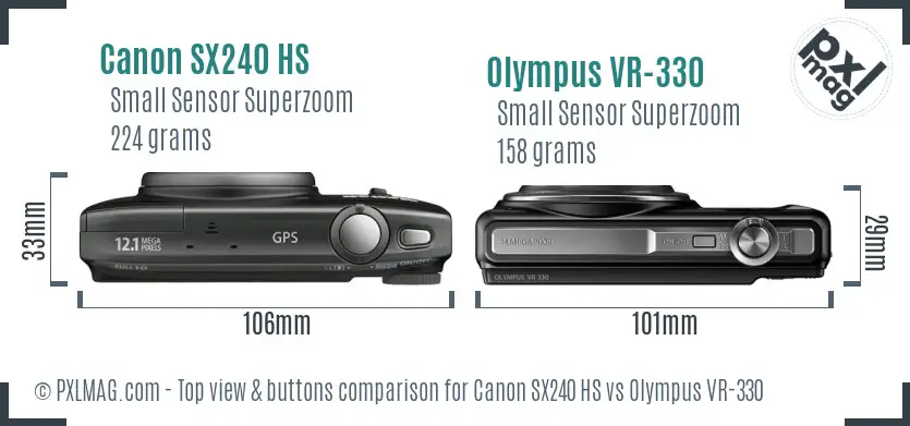 Canon SX240 HS vs Olympus VR-330 top view buttons comparison Canon SX240 HS vs Olympus VR-330 top view buttons comparison