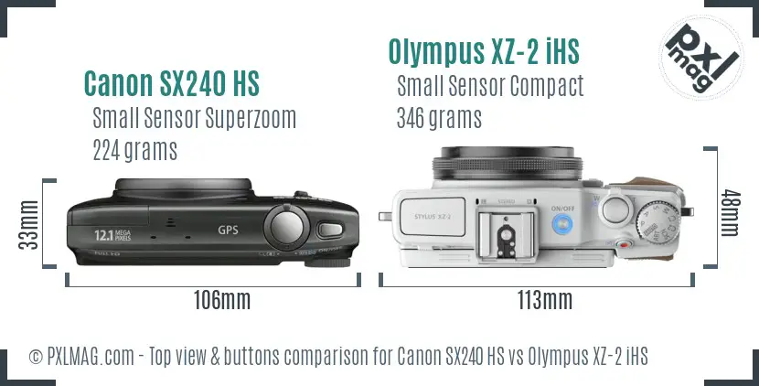 Canon SX240 HS vs Olympus XZ-2 iHS top view buttons comparison Canon SX240 HS vs Olympus XZ-2 iHS top view buttons comparison