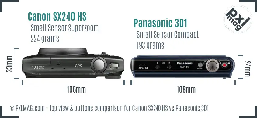 Canon SX240 HS vs Panasonic 3D1 top view buttons comparison Canon SX240 HS vs Panasonic 3D1 top view buttons comparison