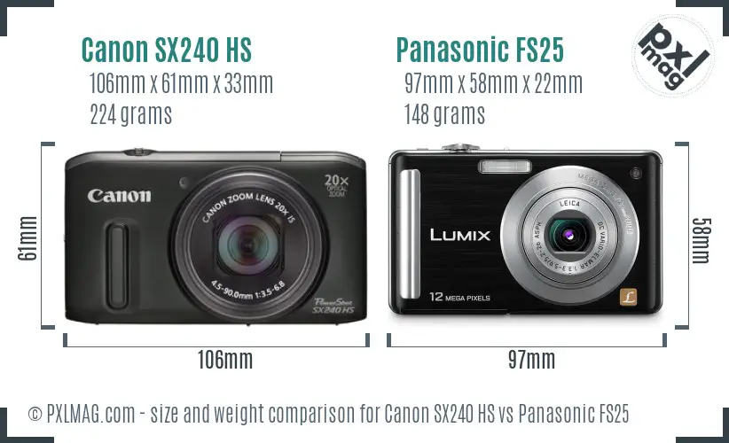 Canon SX240 HS vs Panasonic FS25 size comparison