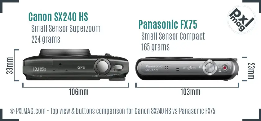 Canon SX240 HS vs Panasonic FX75 top view buttons comparison Canon SX240 HS vs Panasonic FX75 top view buttons comparison