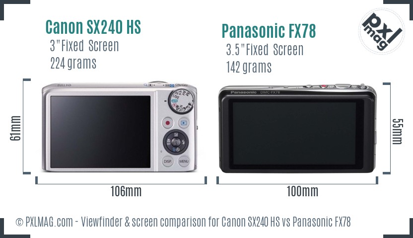 Canon SX240 HS vs Panasonic FX78 Screen and Viewfinder comparison