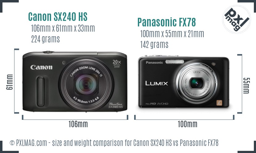 Canon SX240 HS vs Panasonic FX78 size comparison