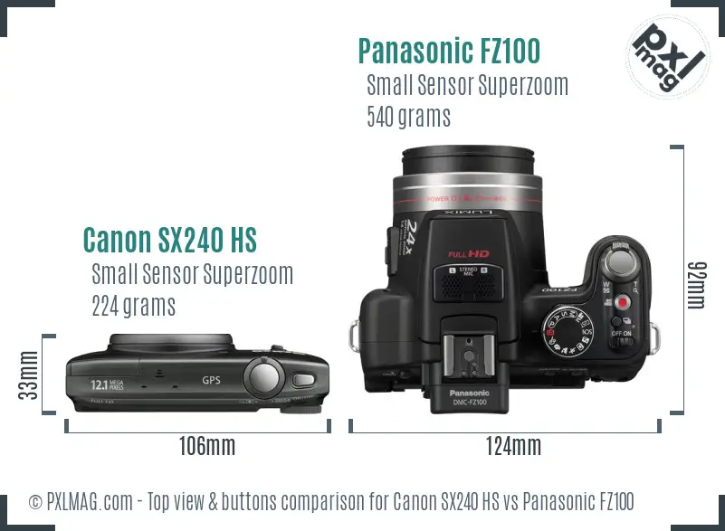 Canon SX240 HS vs Panasonic FZ100 top view buttons comparison