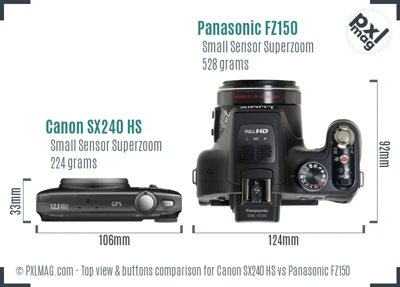 Canon SX240 HS vs Panasonic FZ150 top view buttons comparison