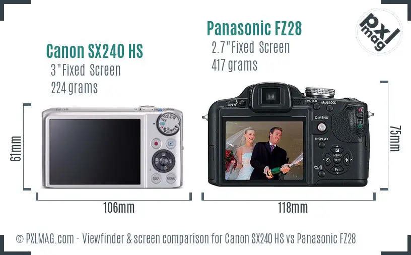 Canon SX240 HS vs Panasonic FZ28 Screen and Viewfinder comparison