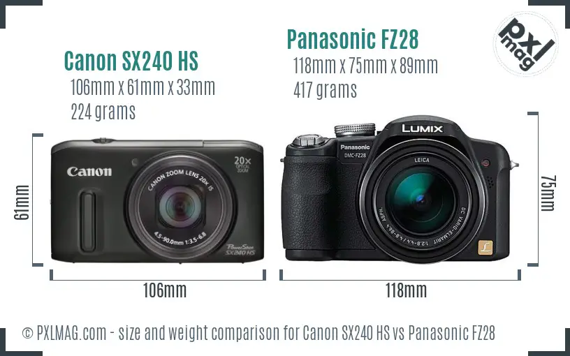 Canon SX240 HS vs Panasonic FZ28 size comparison