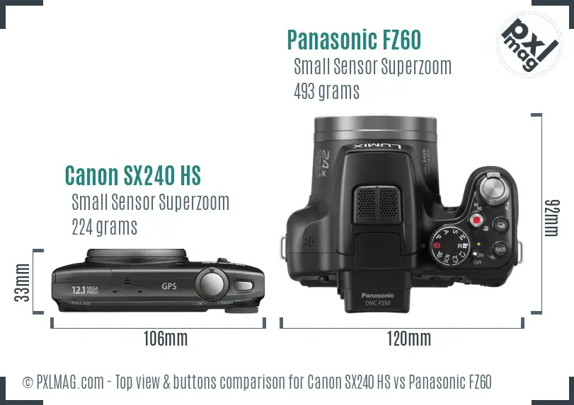 Canon SX240 HS vs Panasonic FZ60 top view buttons comparison Canon SX240 HS vs Panasonic FZ60 top view buttons comparison