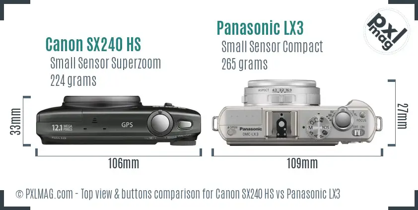 Canon SX240 HS vs Panasonic LX3 top view buttons comparison