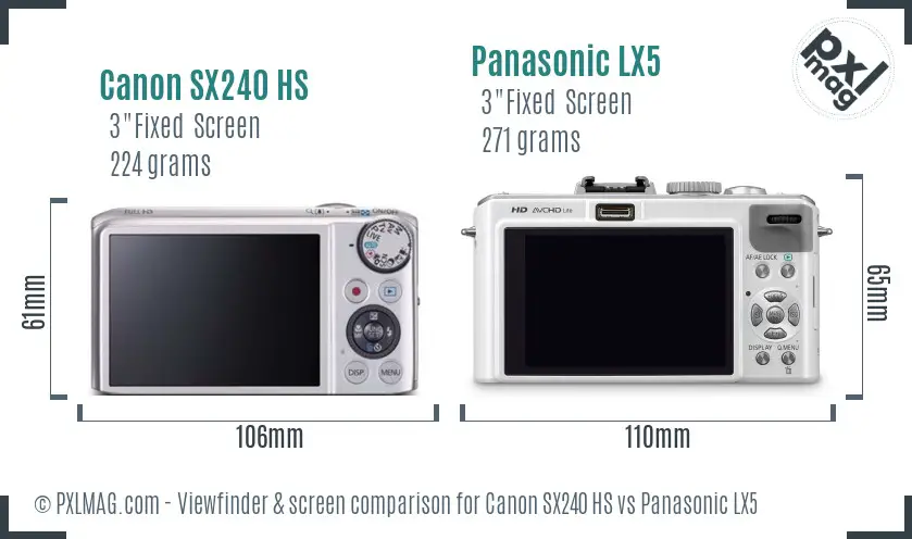 Canon SX240 HS vs Panasonic LX5 Screen and Viewfinder comparison