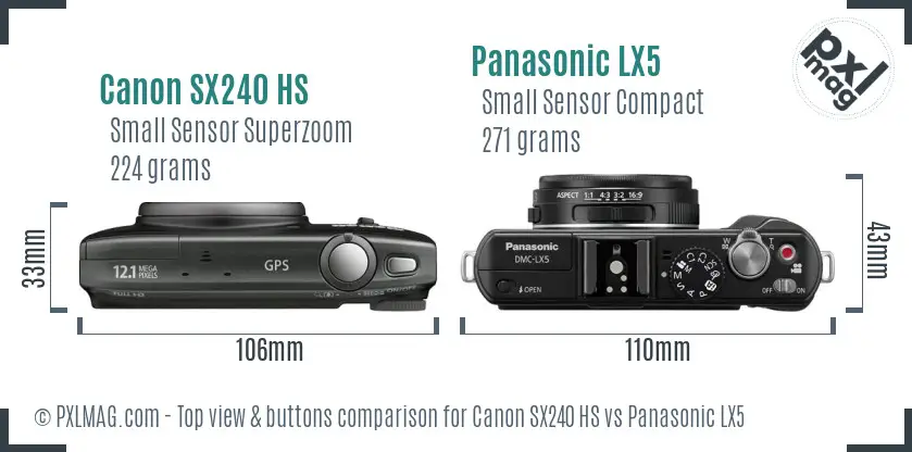 Canon SX240 HS vs Panasonic LX5 top view buttons comparison