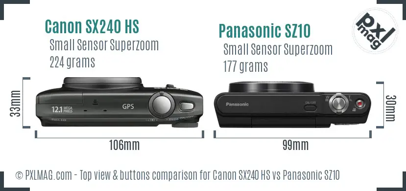 Canon SX240 HS vs Panasonic SZ10 top view buttons comparison Canon SX240 HS vs Panasonic SZ10 top view buttons comparison