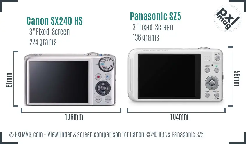 Canon SX240 HS vs Panasonic SZ5 Screen and Viewfinder comparison