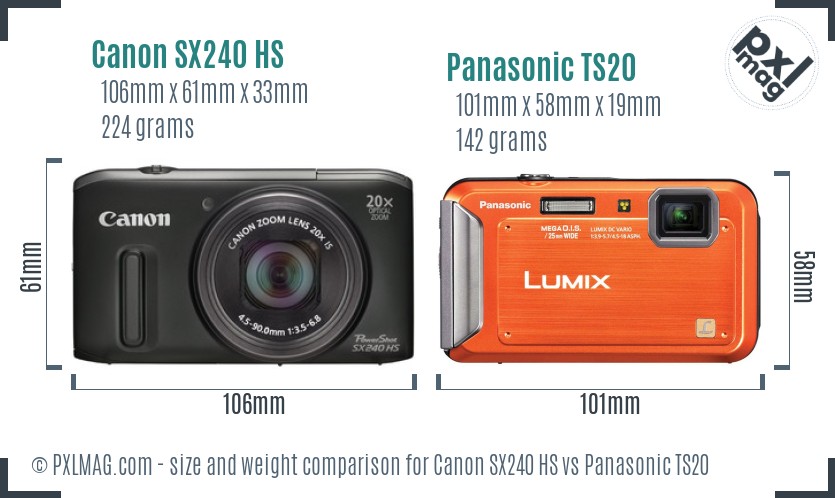 Canon SX240 HS vs Panasonic TS20 size comparison