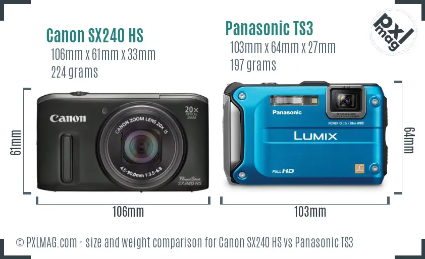 Canon SX240 HS vs Panasonic TS3 size comparison