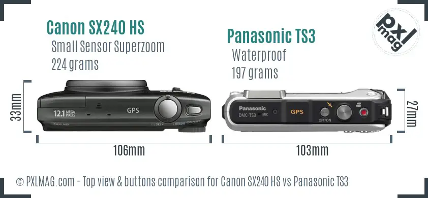 Canon SX240 HS vs Panasonic TS3 top view buttons comparison