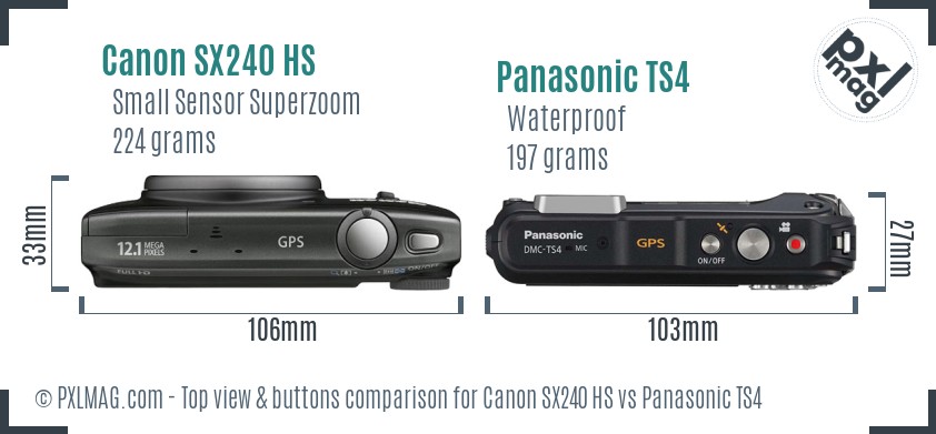 Canon SX240 HS vs Panasonic TS4 top view buttons comparison