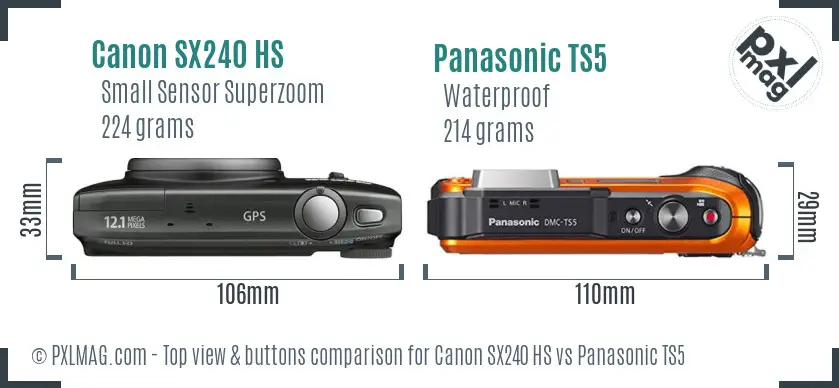Canon SX240 HS vs Panasonic TS5 top view buttons comparison