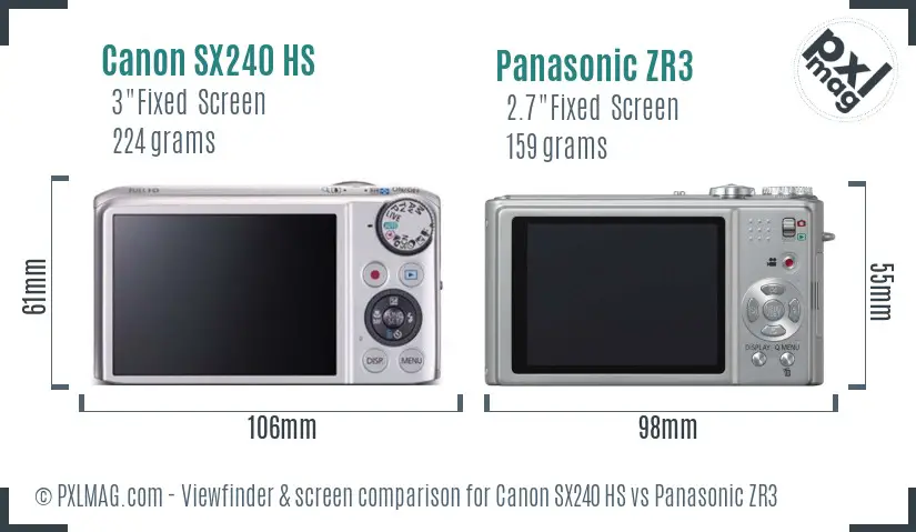 Canon SX240 HS vs Panasonic ZR3 Screen and Viewfinder comparison