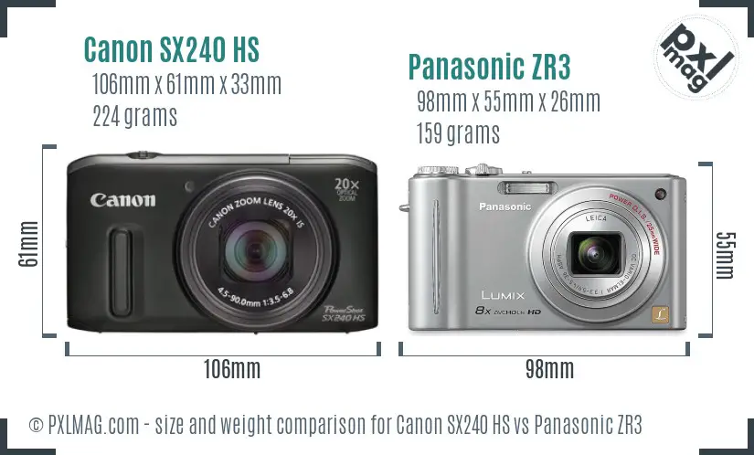 Canon SX240 HS vs Panasonic ZR3 size comparison