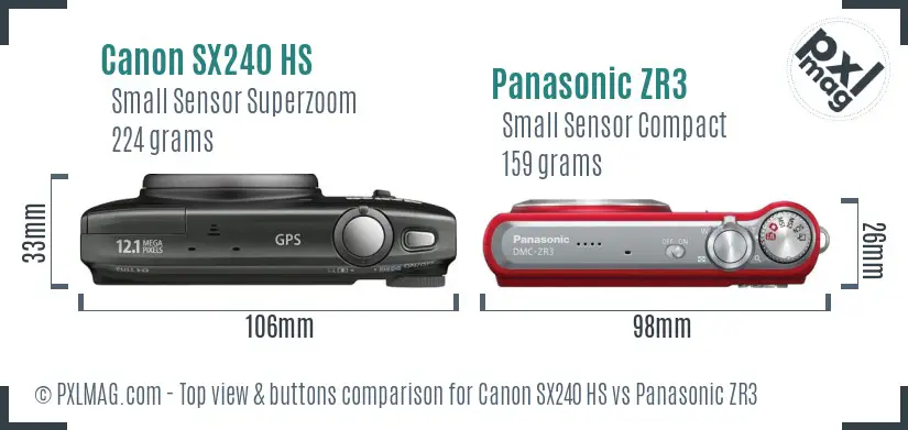 Canon SX240 HS vs Panasonic ZR3 top view buttons comparison