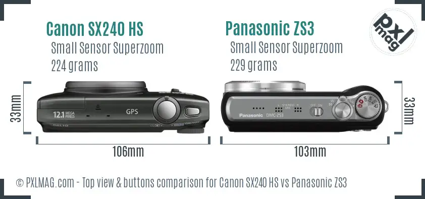 Canon SX240 HS vs Panasonic ZS3 top view buttons comparison Canon SX240 HS vs Panasonic ZS3 top view buttons comparison