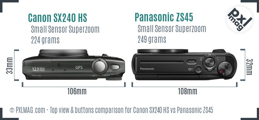 Canon SX240 HS vs Panasonic ZS45 top view buttons comparison