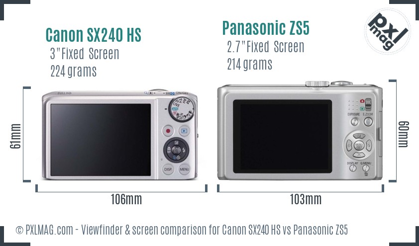 Canon SX240 HS vs Panasonic ZS5 Screen and Viewfinder comparison