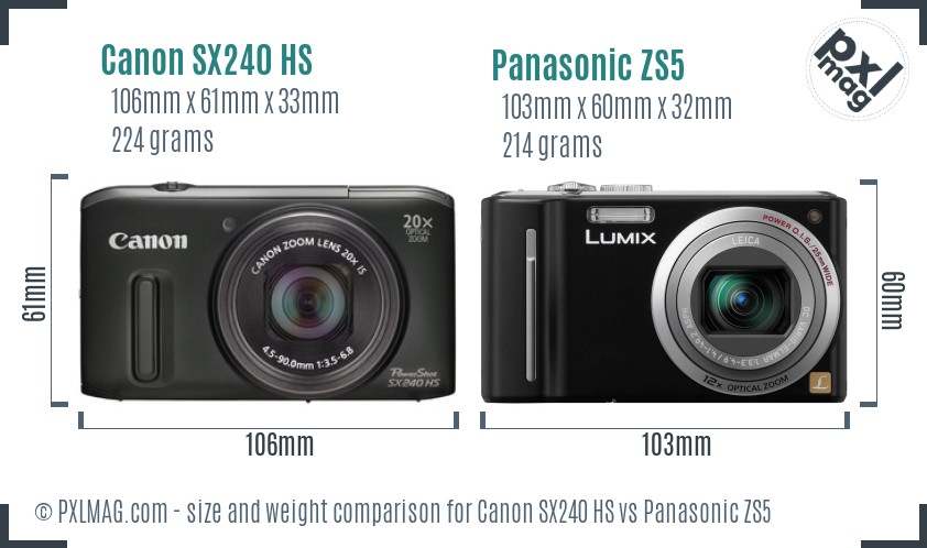 Canon SX240 HS vs Panasonic ZS5 size comparison