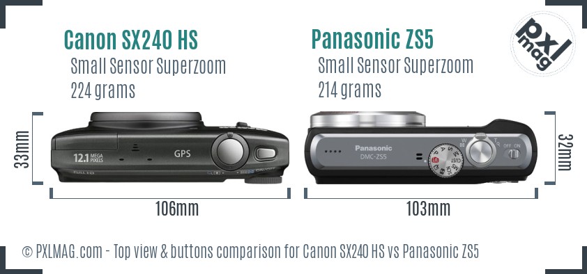 Canon SX240 HS vs Panasonic ZS5 top view buttons comparison