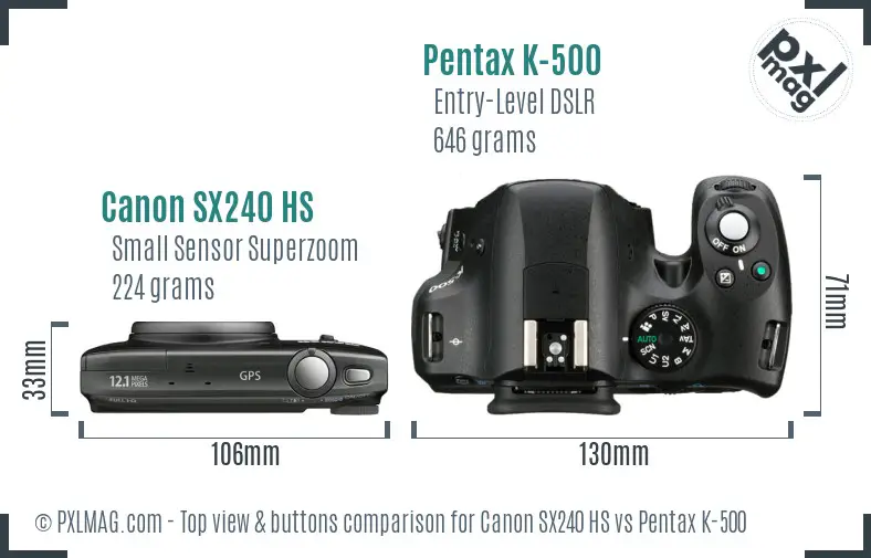 Canon SX240 HS vs Pentax K-500 top view buttons comparison