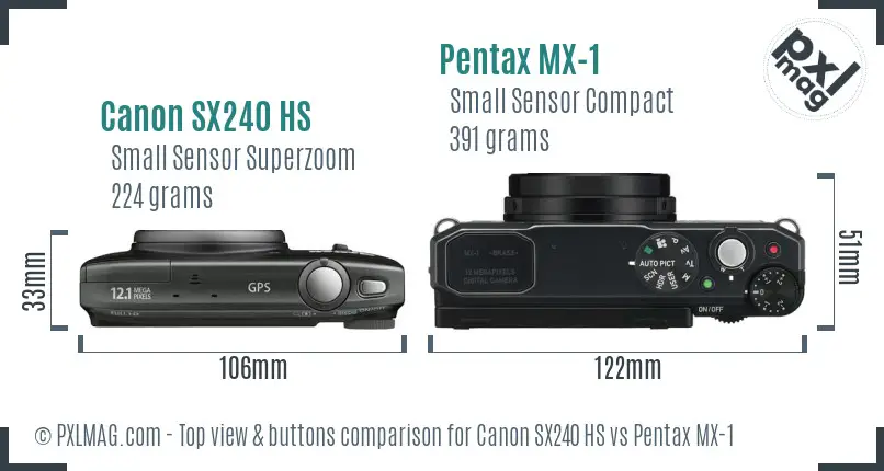 Canon SX240 HS vs Pentax MX-1 top view buttons comparison Canon SX240 HS vs Pentax MX-1 top view buttons comparison