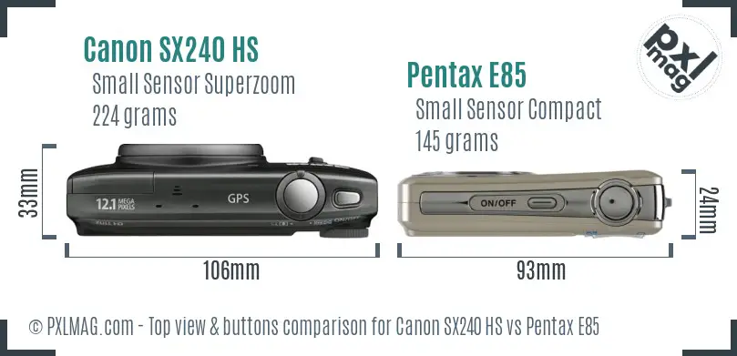Canon SX240 HS vs Pentax E85 top view buttons comparison Canon SX240 HS vs Pentax E85 top view buttons comparison