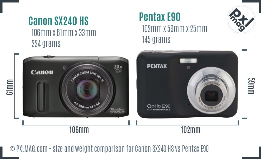 Canon SX240 HS vs Pentax E90 size comparison