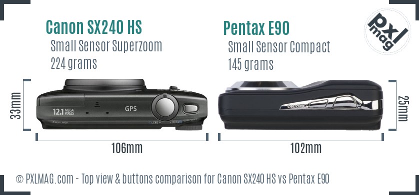 Canon SX240 HS vs Pentax E90 top view buttons comparison