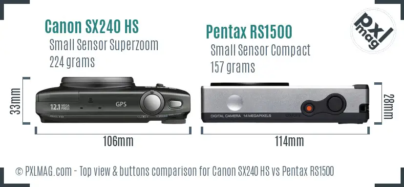 Canon SX240 HS vs Pentax RS1500 top view buttons comparison