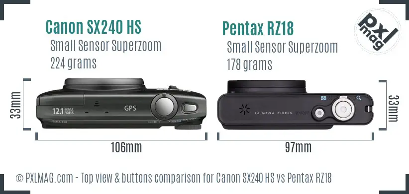 Canon SX240 HS vs Pentax RZ18 top view buttons comparison