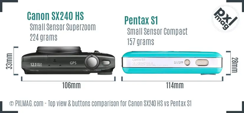Canon SX240 HS vs Pentax S1 top view buttons comparison Canon SX240 HS vs Pentax S1 top view buttons comparison