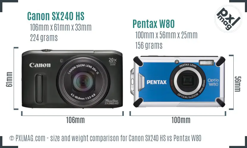 Canon SX240 HS vs Pentax W80 size comparison