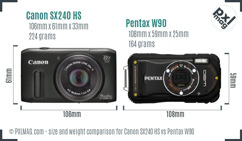Canon SX240 HS vs Pentax W90 size comparison