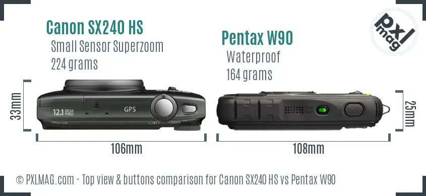 Canon SX240 HS vs Pentax W90 top view buttons comparison