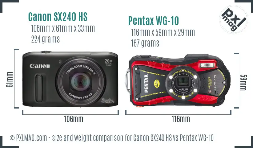 Canon SX240 HS vs Pentax WG-10 size comparison
