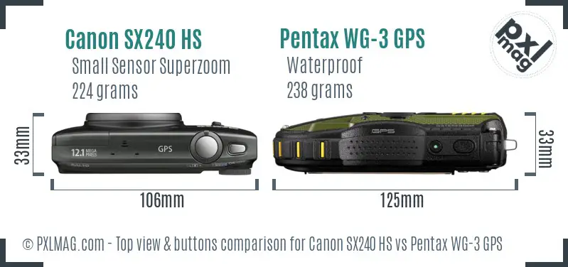 Canon SX240 HS vs Pentax WG-3 GPS top view buttons comparison