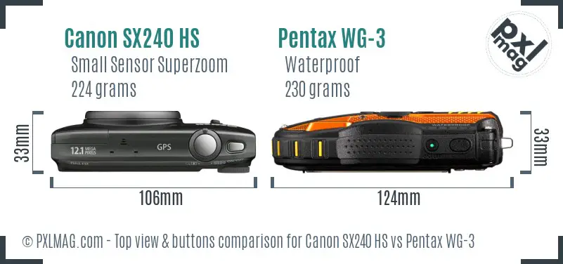 Canon SX240 HS vs Pentax WG-3 top view buttons comparison