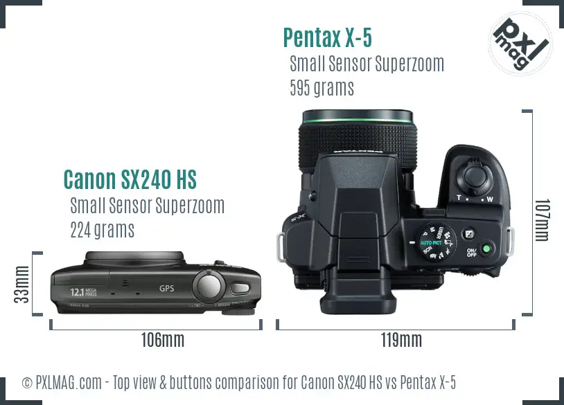 Canon SX240 HS vs Pentax X-5 top view buttons comparison Canon SX240 HS vs Pentax X-5 top view buttons comparison