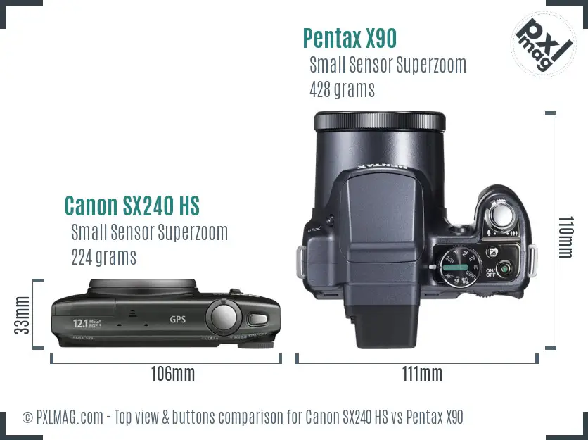 Canon SX240 HS vs Pentax X90 top view buttons comparison Canon SX240 HS vs Pentax X90 top view buttons comparison