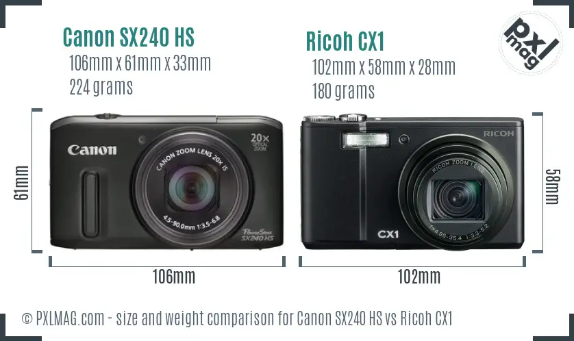 Canon SX240 HS vs Ricoh CX1 size comparison