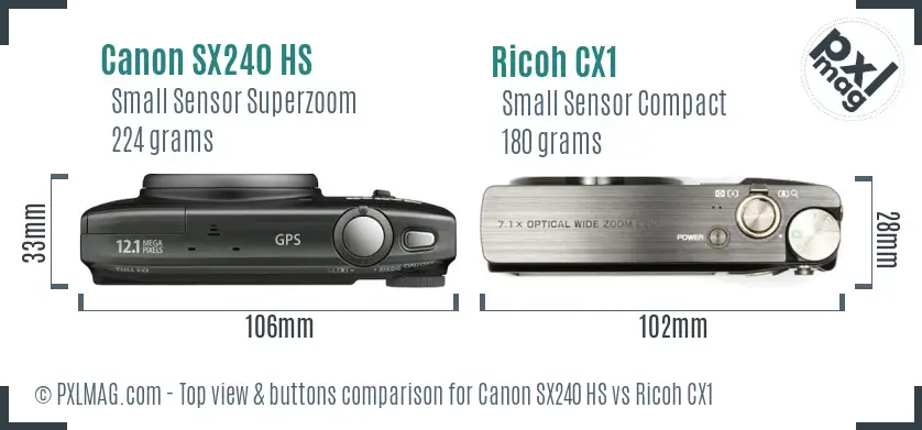 Canon SX240 HS vs Ricoh CX1 top view buttons comparison