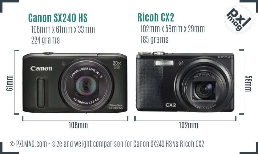Canon SX240 HS vs Ricoh CX2 size comparison